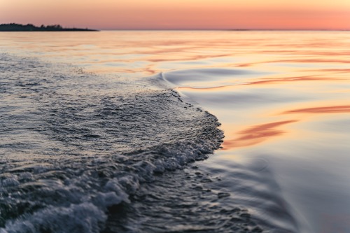 Solnedgång, våg, hav